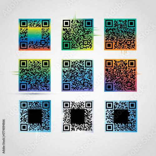 Collection of nine qr codes with varying color gradients and visual effects on a light background created with generated ai