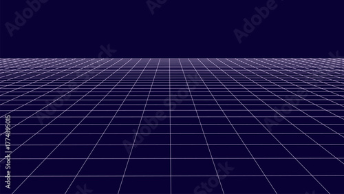 Vector horizon lines. Perspective depth shapes dimension. Grid frameworks. 3D space emerges geometrically.