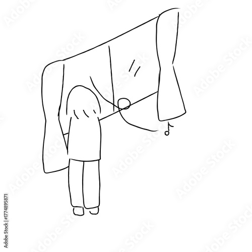 爽やかな風が吹き込む窓の外を見る女性のイラスト