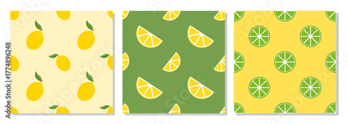 A set of seamless patterns with lemons and limes on a yellow background. Cytrus pattern