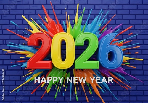 Colorful 2026 numerals with explosive paint splashes against a blue brick wall, celebrating the New Year with vibrant energy, creativity, and festive joy.

