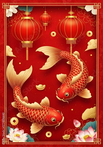 Vibrant Chinese New Year card with golden koi fish, red lanterns, and lotus flowers on deep red background, symbolizing prosperity, luck, and festive celebration.

