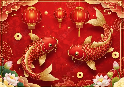 Festive Chinese New Year design with two golden koi fish swimming among red lanterns and lotus flowers, symbolizing prosperity, luck, and abundance.

