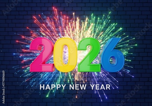 Colorful 2026 New Year celebration with rainbow numbers and fireworks bursting against dark brick wall, paired with “Happy New Year” text for festive joy.