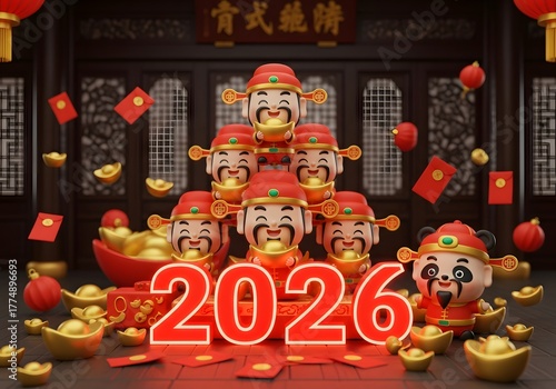 Vibrant Chinese New Year 2026 scene with god of wealth figurines, gold ingots, red envelopes, and “2026” text for prosperity, luck, and festive celebration.

