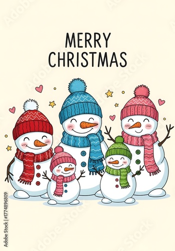 Merry Christmas card featuring a cheerful snowman family in colorful hats and scarves, surrounded by hearts and stars for festive holiday warmth.

