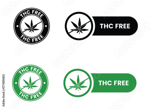 THC free set icons. Zero Tetrahydrocannabinol. Images with cannabis leaf in black and green. THC free labels, THC free emblem