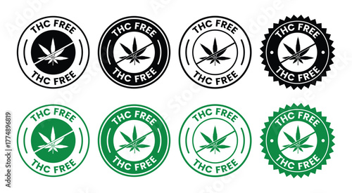 THC free set icons. Zero Tetrahydrocannabinol. Images with cannabis leaf in black and green. THC free labels, THC free emblem
