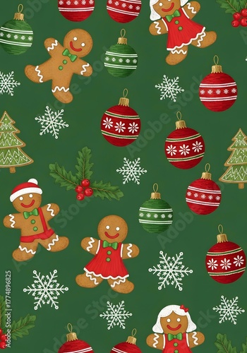 Cheerful Christmas pattern with gingerbread people in holiday outfits, red and green ornaments, snowflakes, and mini trees on deep green background.