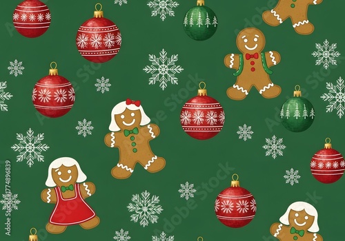 Festive green pattern featuring gingerbread people, red and green ornaments, and snowflakes for cheerful holiday wrapping paper or seasonal design.