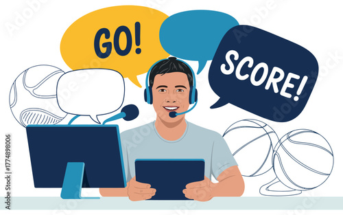 A commentator with a headset and a tablet speaks into a microphone, surrounded by sports imagery and speech bubbles.