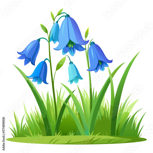 Bright bluebell flowers illustration growing in vibrant green grass patch, featuring detailed vector graphic design of springtime woodland plant life.