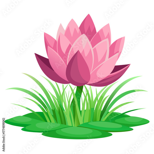 Pink lotus flower vector illustration submerged in water with green grass and floating lily pads, detailed aquatic flora art.