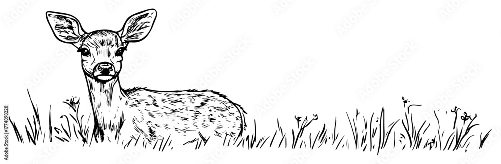 Naklejka premium Resting deer fawn in meadow grass – delicate hand‑drawn wildlife sketch