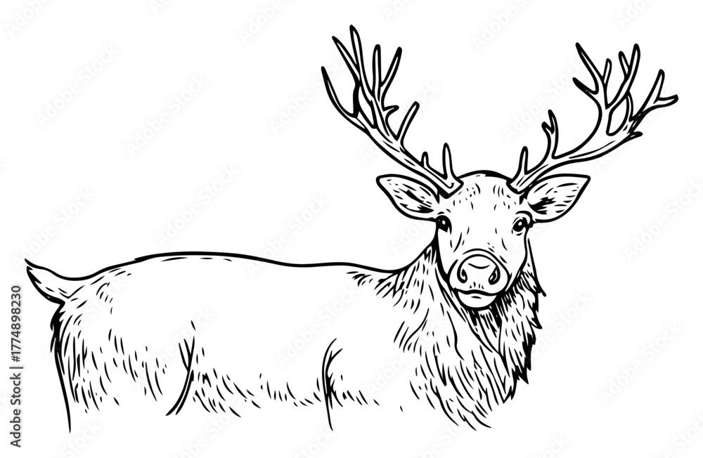 Naklejka premium Majestic stag with full antlers standing alert – detailed wildlife line‑art illustration