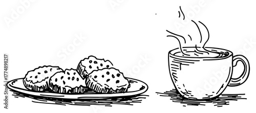 Steaming mug of hot cocoa with plate of cookies – cozy hand‑drawn winter treat illustration