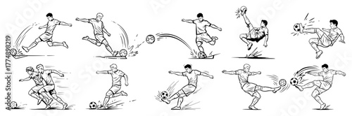 Set of dynamic soccer player poses – hand‑drawn football action illustration pack