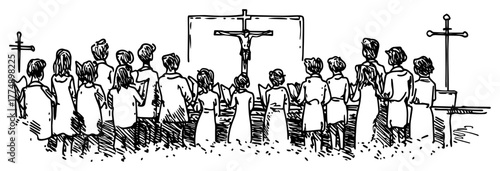 Congregation facing crucifix during outdoor worship – vintage religious gathering sketch