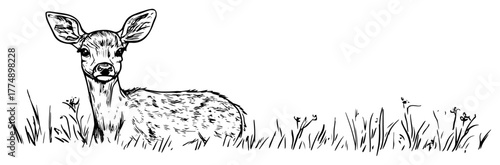 Resting deer fawn in meadow grass – delicate hand‑drawn wildlife sketch