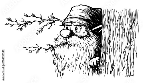 Curious woodland gnome peeking from behind tree trunk and branch – retro fairy‑tale forest sketch