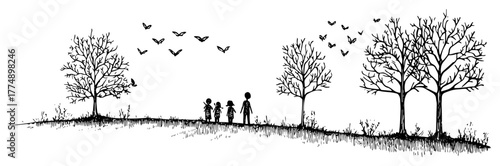 Silhouette children walking among trees with birds – minimalist nature scene border
