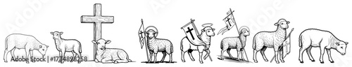 Lamb and cross procession icons – pastoral Christian symbol border