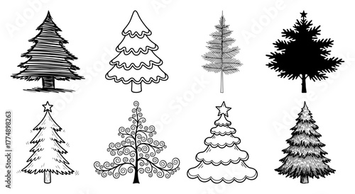 Stylised Christmas trees in assorted decorative drawing styles – versatile festive icon collection for winter designs