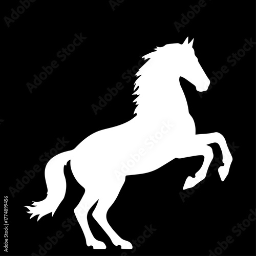 Horse silhouette, side view. Isolated white flat element of rearing, jumping, trotting, horse on black background. Vector icon, logo, illustration.

