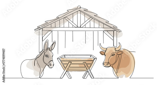 Nativity Manger Scene: Empty Stable with Donkey and Ox. Minimalist One-Line Watercolor Vector for print