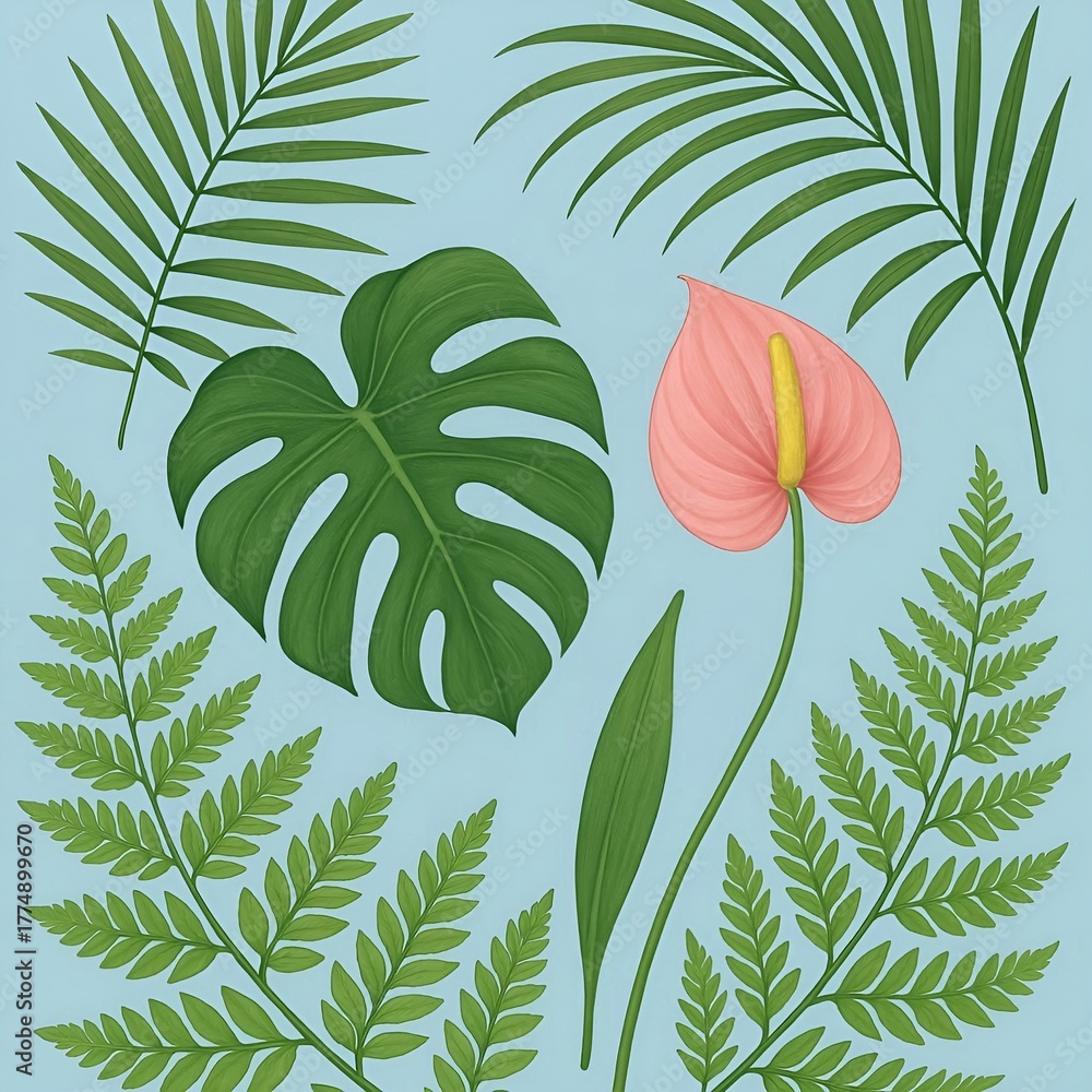 Naklejka premium Fresh Exotic Jungle Background Menu Border Made of Tropical Leaves & Flowers. Watercolor For Summer Vibes Greeting Cards Posters Banners Placards Cafe Coffee Shop Hawaii Bar Restaurant