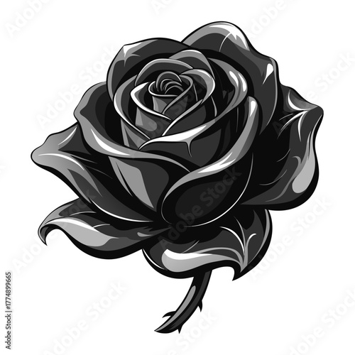 Stylized monochrome black rose vector illustration glossy graphic element blooming flower bud with thorny stem gothic art design