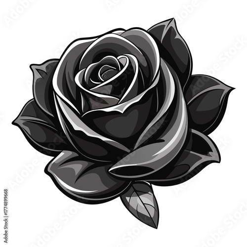 Stylized detailed black and gray rose vector illustration with vibrant highlights and accompanying leaves, perfect for gothic or tattoo design