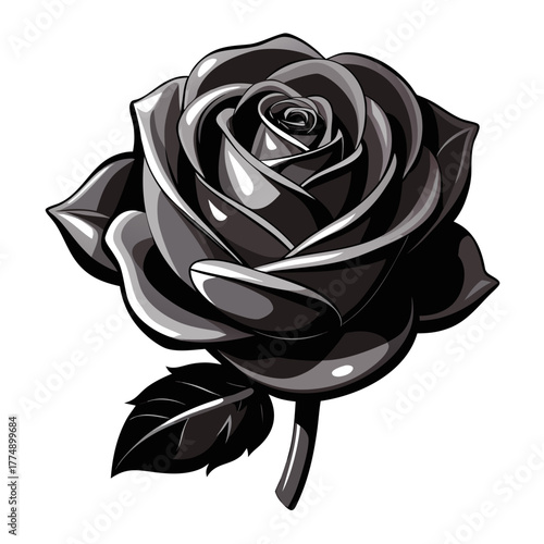 Grayscale vector illustration of a dark rose flower with detailed petals, representing love, sadness, romance, and gothic themes.