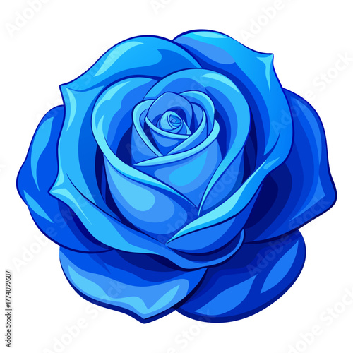 Detailed vector illustration of a single vibrant blue rose flower bloom head showing intricate petal texture, ideal for decorative design and print.