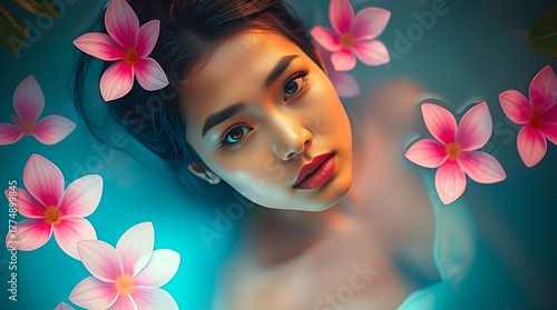 Young Ethnic Woman in Water with Pink Exotic Flowers 