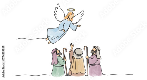 Annunciation to the Shepherds: Angel Hovering Over Startled Shepherds. Minimalist One-Line doodle Watercolor Vector Christmas Card