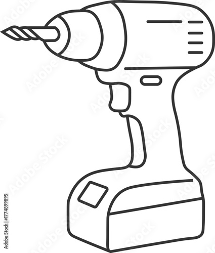 Clean line art vector illustration of a cordless electric drill isolated on a white background