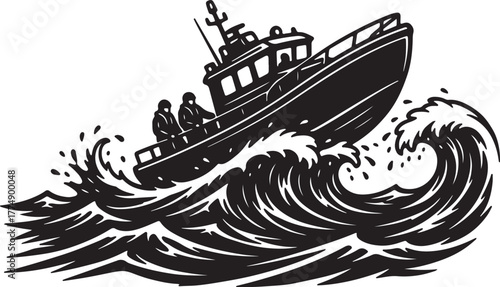 Boat Battling Rough Seas with Two Figures Aboard