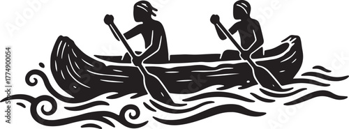 Two people paddling a canoe through wavy water