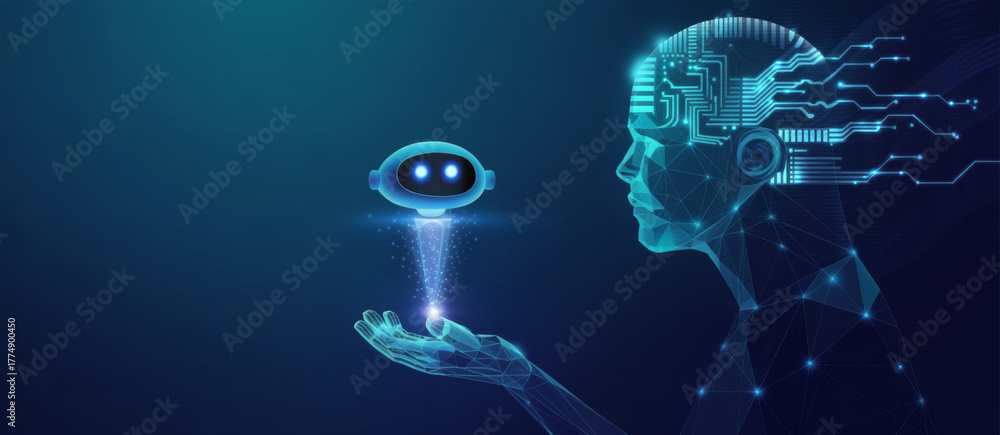AI assistant in hand digital human head with circuit patterns concept for future technology and artificial intelligence