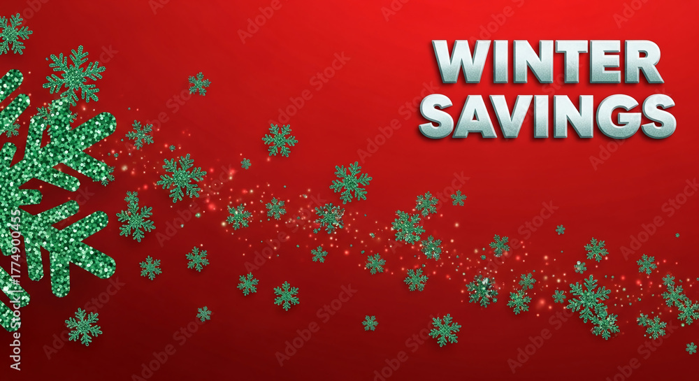 Fototapeta premium Red background with green glittering snowflake, showing winter savings text. Representative of winter sales, discounts, season marketing campaign