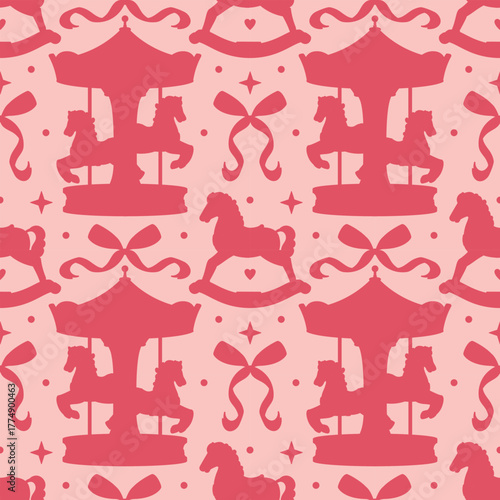 A coquette girly seamless pattern in pink tones featuring silhouettes of princesses bows, carousels, rocking horses. A romantic and playful vector background for feminine designs