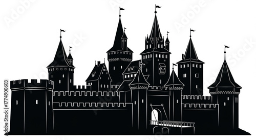Silhouette of a medieval castle with towers flags and a drawbridge in a black and white illustration created with generated ai