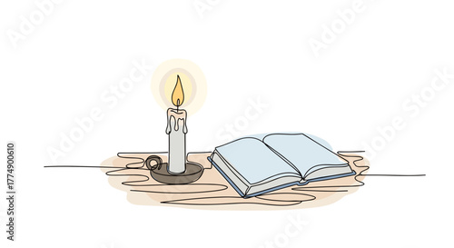 Nativity Fast Symbol: Simple Table with Candle and Prayer Book. Minimalist One-Line Watercolor Vector Design Element.