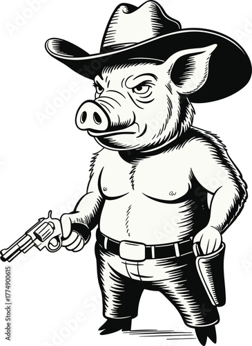 Anthropomorphic pig wearing cowboy hat holding revolver vector.