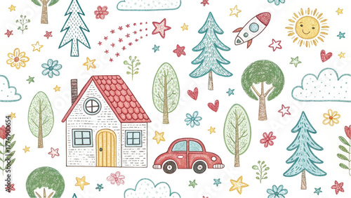 Kids seamless background with hand-drawn house, trees, car, rocket, flowers, and sun. Perfect for baby room design, fabric, wallpaper, and stationery art.