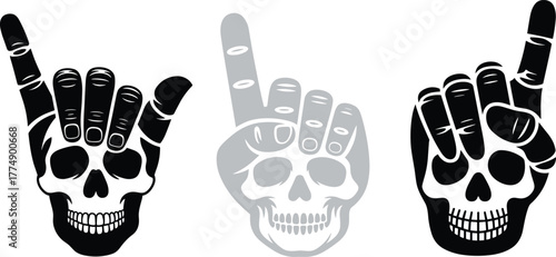 set of black and grey skull hands making design gestures.