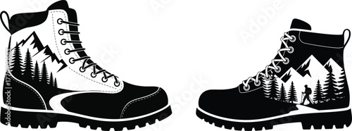 Black and white hiking boots with mountain forest scenes mountains trees.
