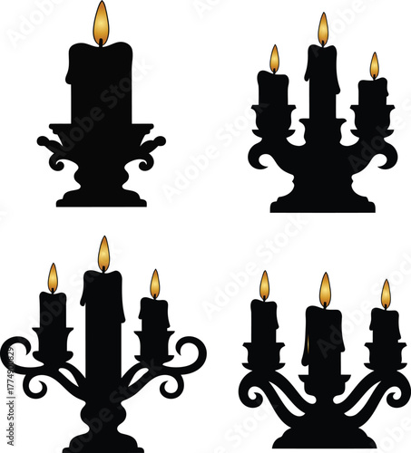 Collection of elegant candle holders with glowing candles on a plain white background