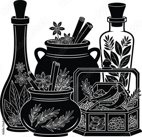 Collection of Spices and Herbs in Bottles and Pots Black and White Decorative Design